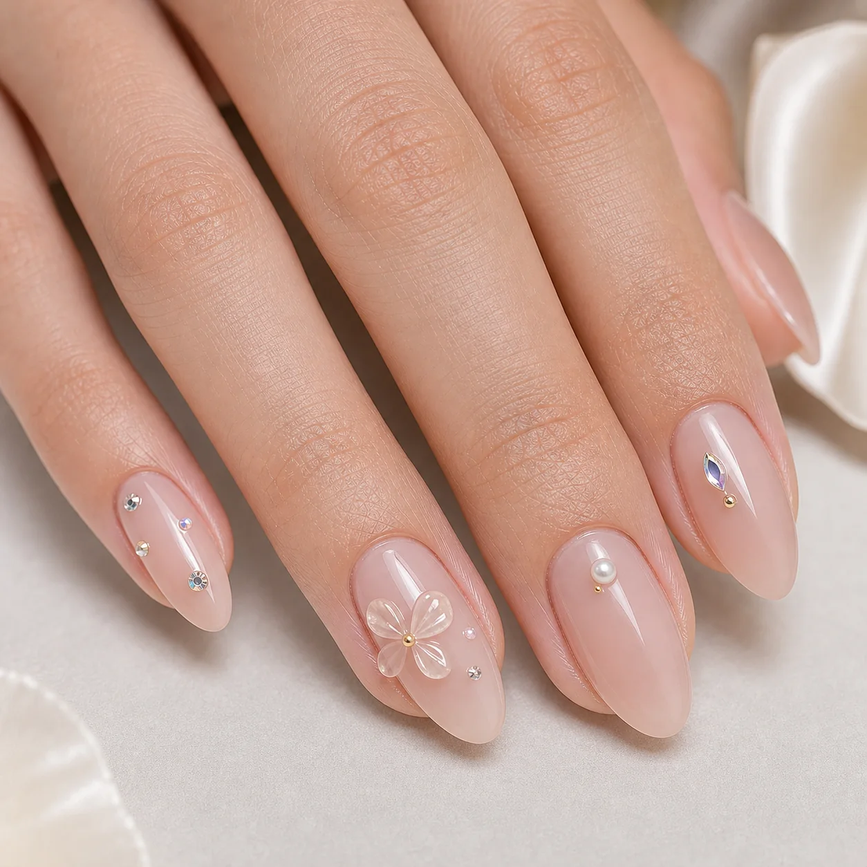 3D nail art with gem accents