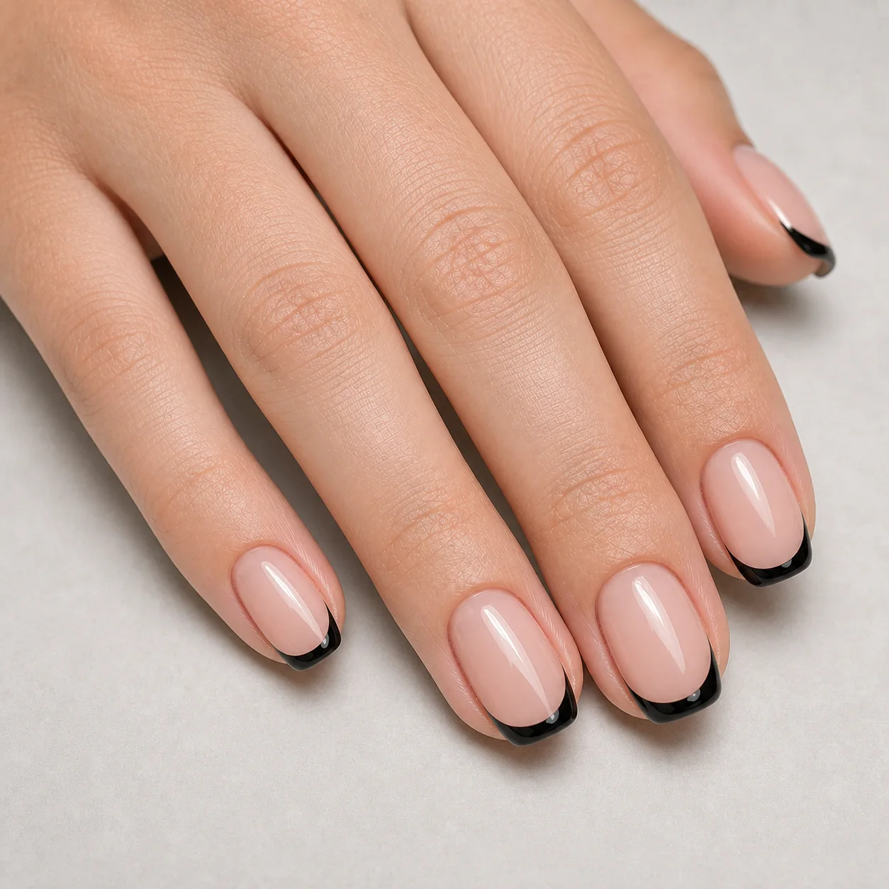 Black French tip nails with a sheer nude base