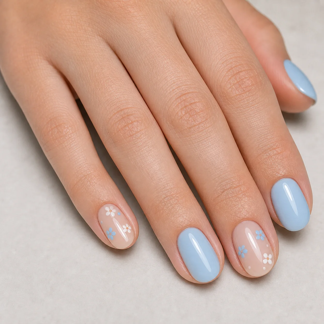 Blue pastel floral nails on a milky nude base