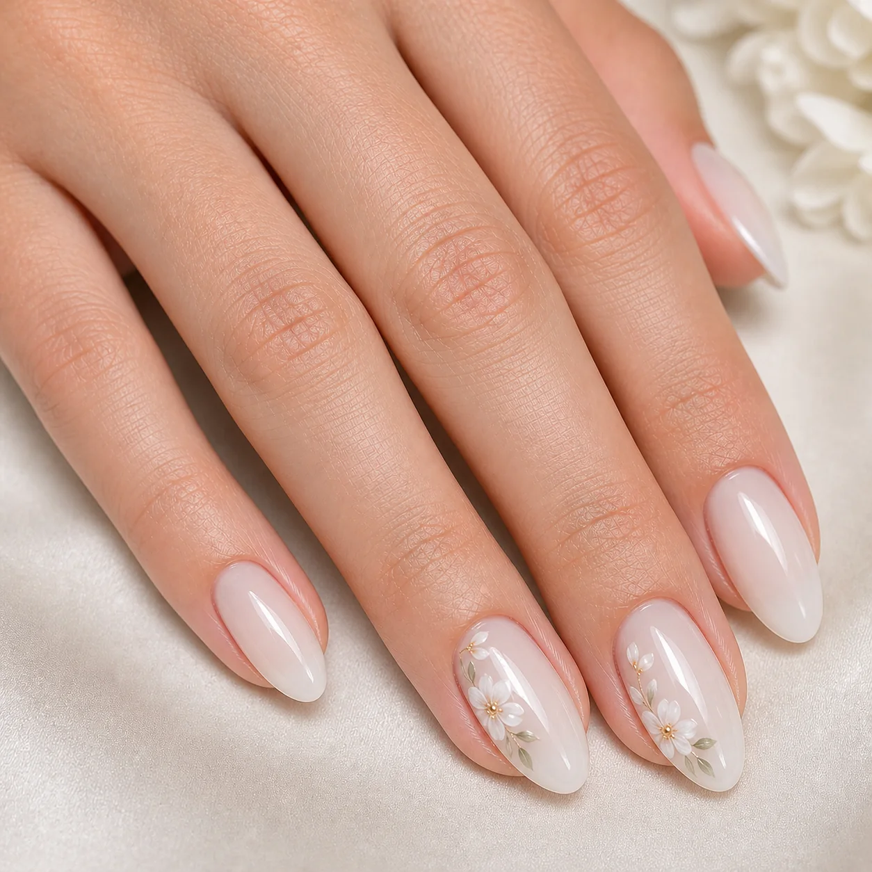 Bridal floral accent nails on a milky nude base