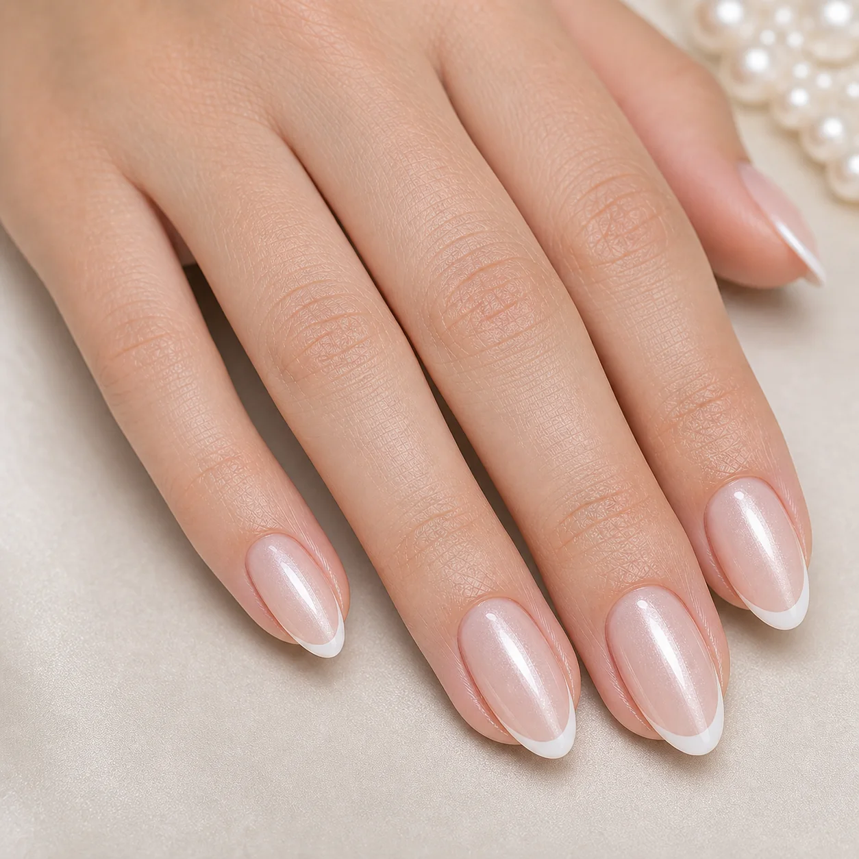 Bridal pearl French nails with milky sheer shine