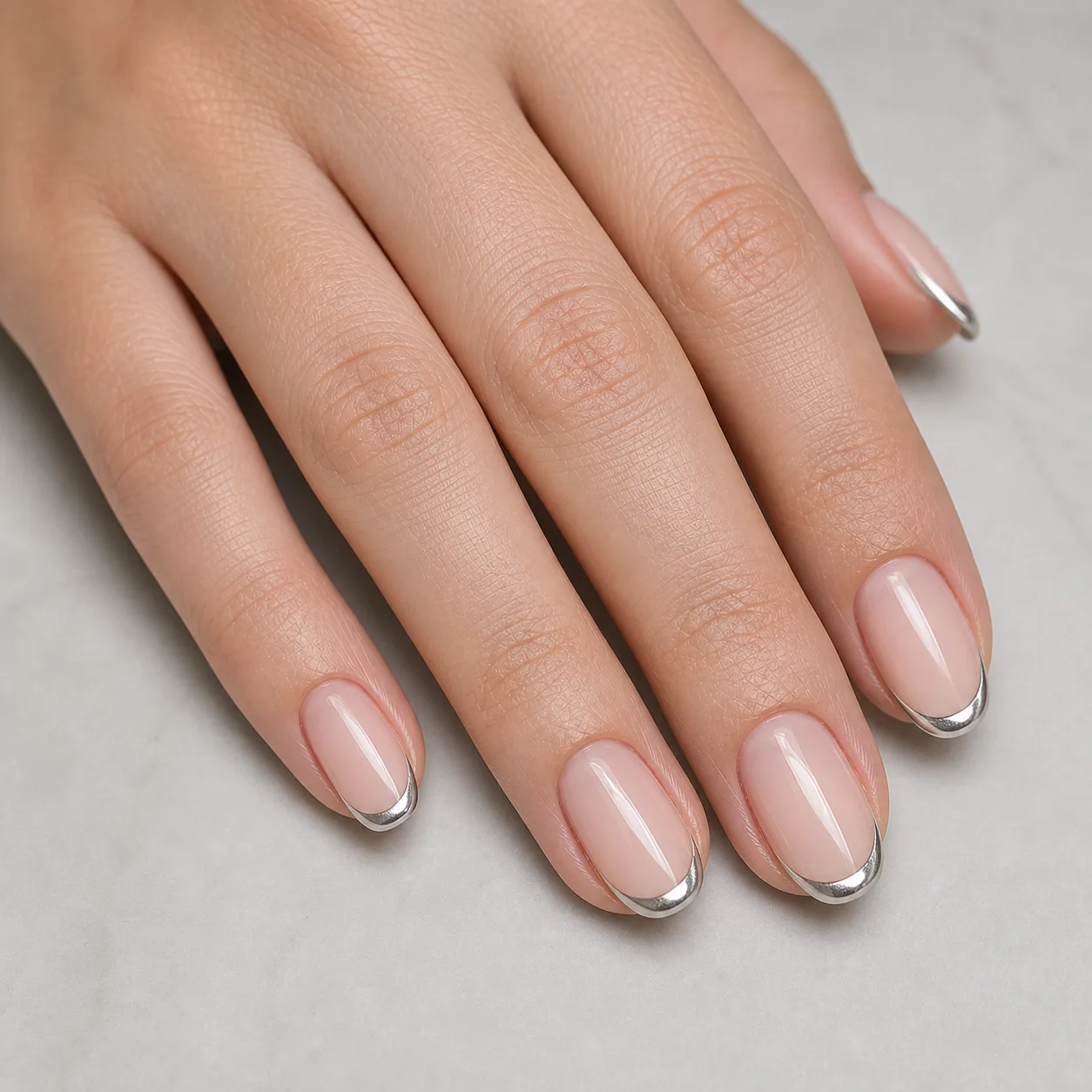 Chrome French edge nails with reflective silver tips