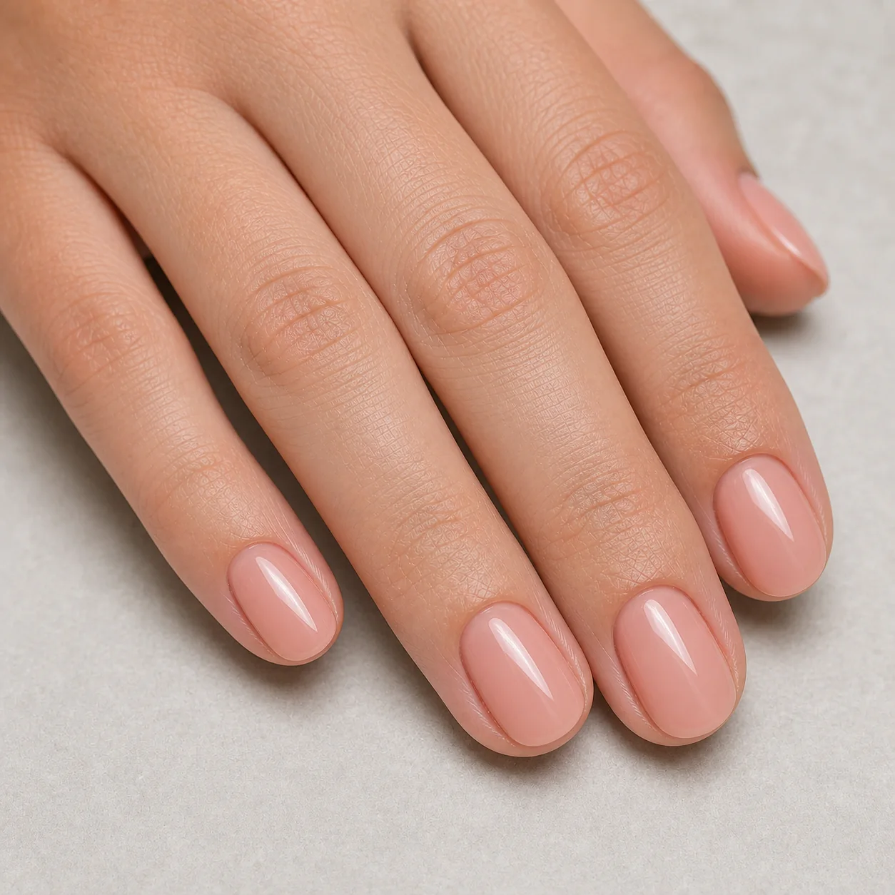 Clean pink nude nails with a glossy finish