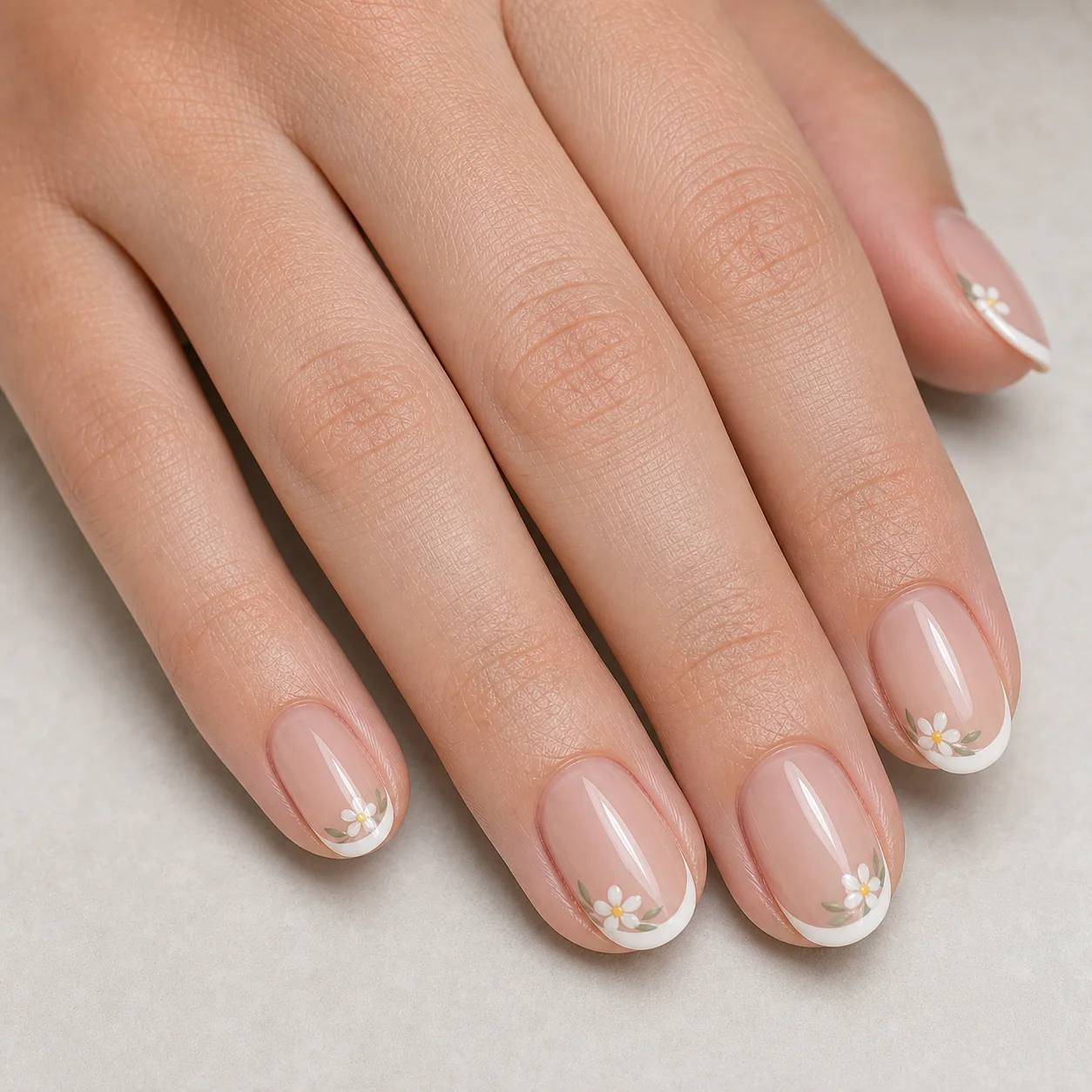 Floral French tip nails with tiny flower accents