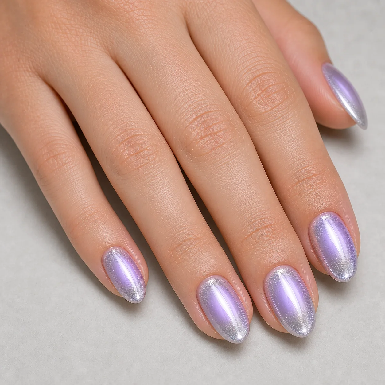 Lavender chrome aura nails with pearlescent glow