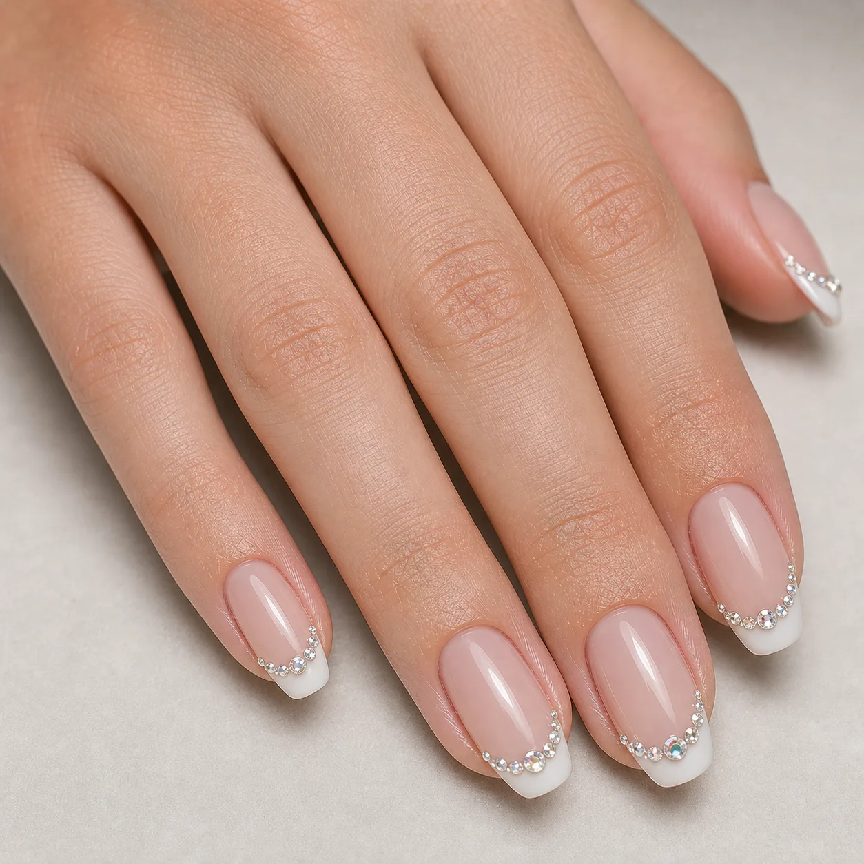 Luxury gem French nails with chrome tips and rhinestones