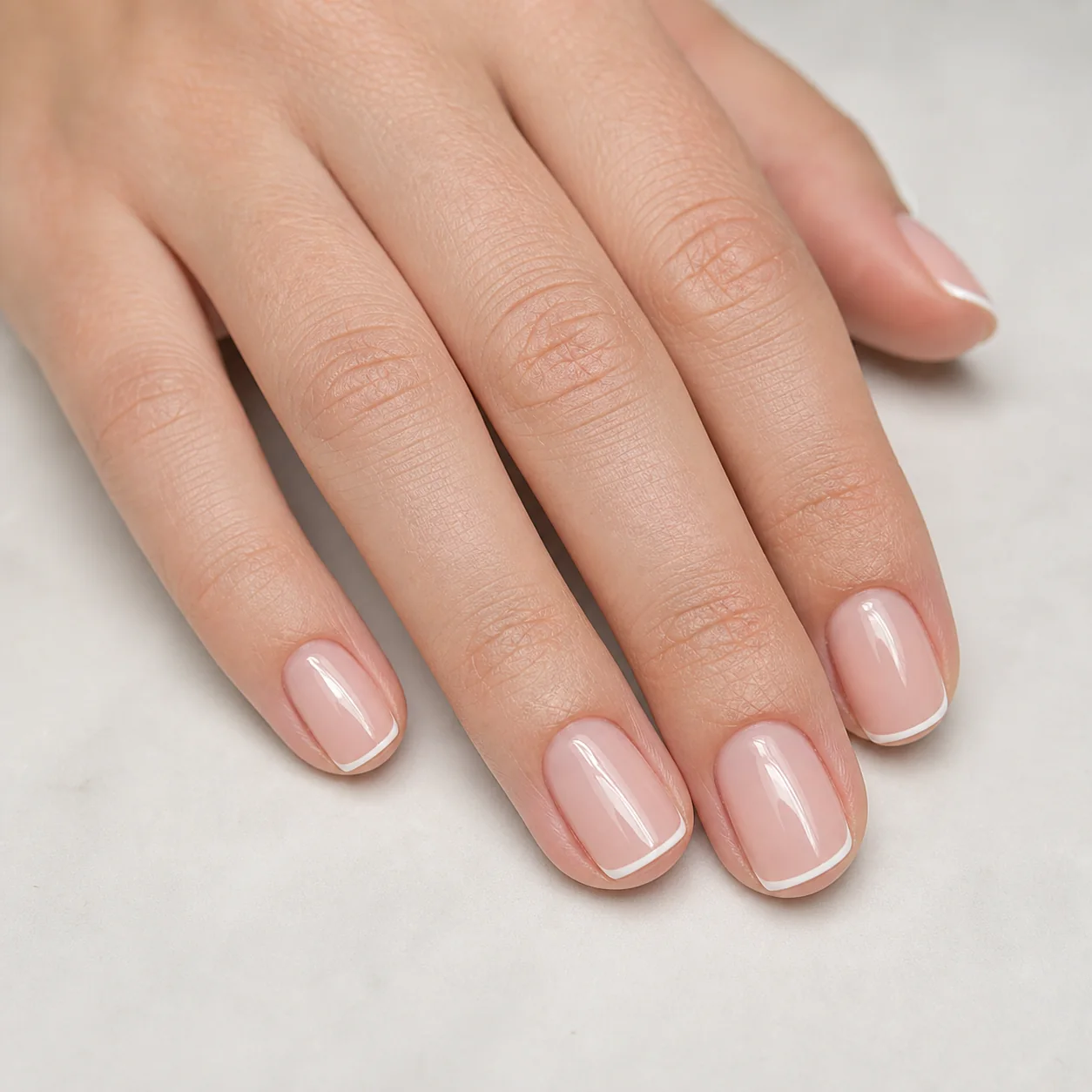 Micro white French tip nails on a clean sheer base
