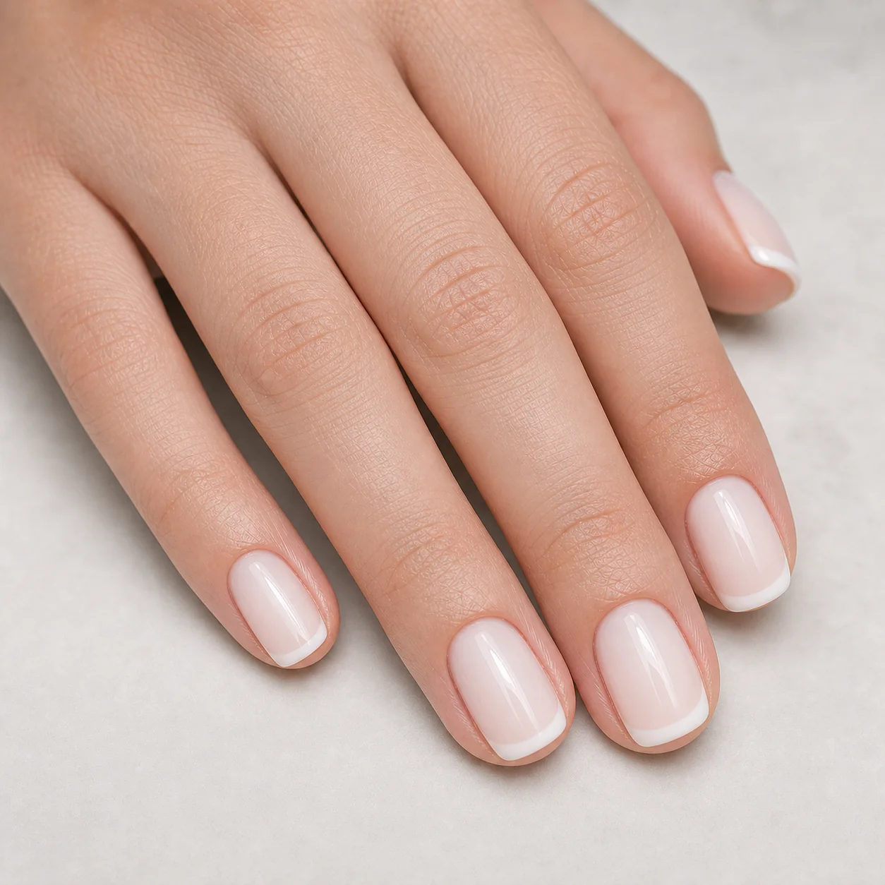 Milky French tip nails with a porcelain sheer base