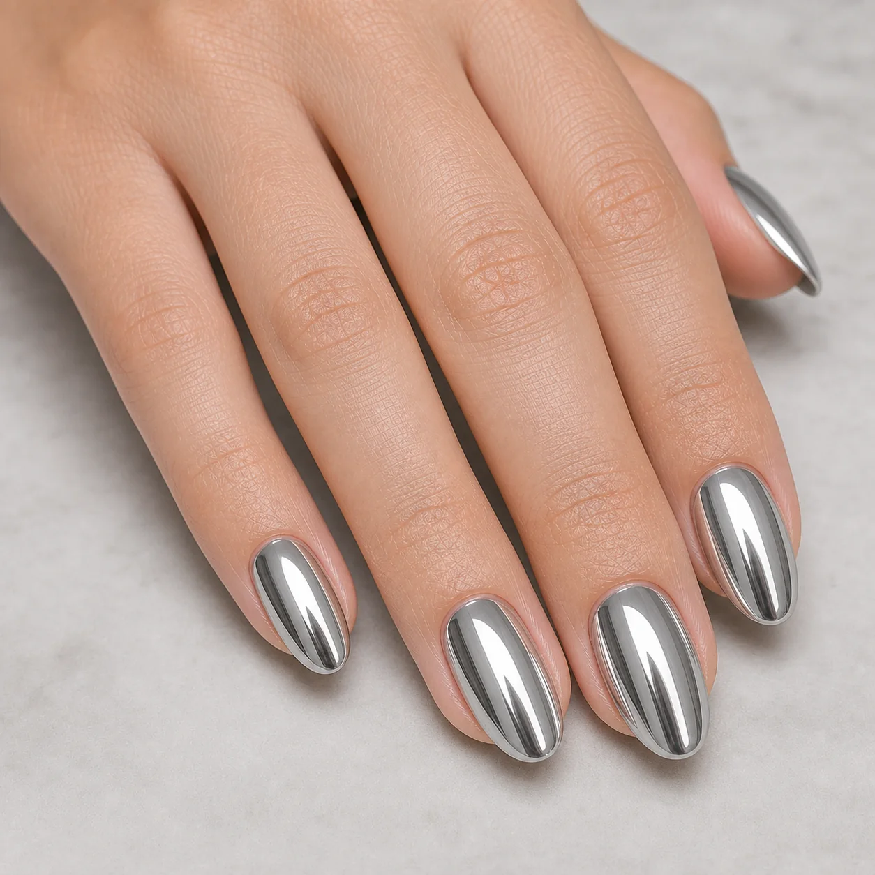 Mirror silver chrome nails with reflective shine