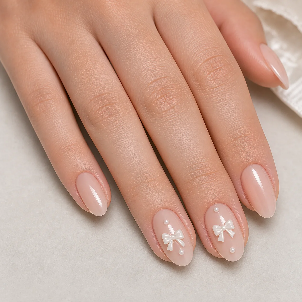 3D pearl bow nails with a milky pink base
