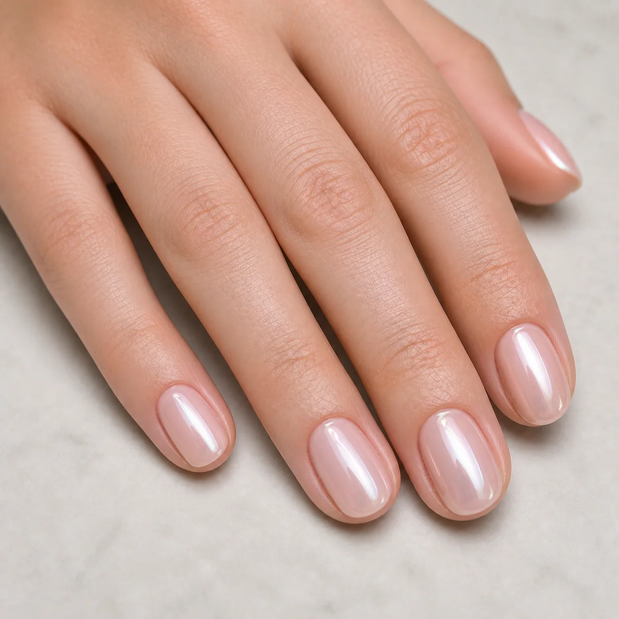 Pearl glazed chrome nails with a sheer pink base