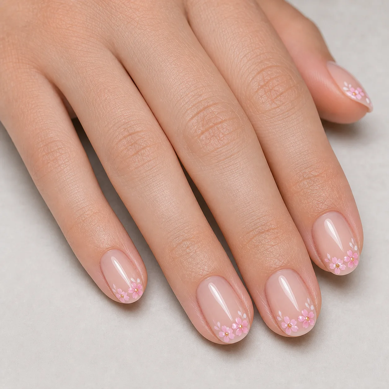 Pink blossom nail tips on a sheer nude base
