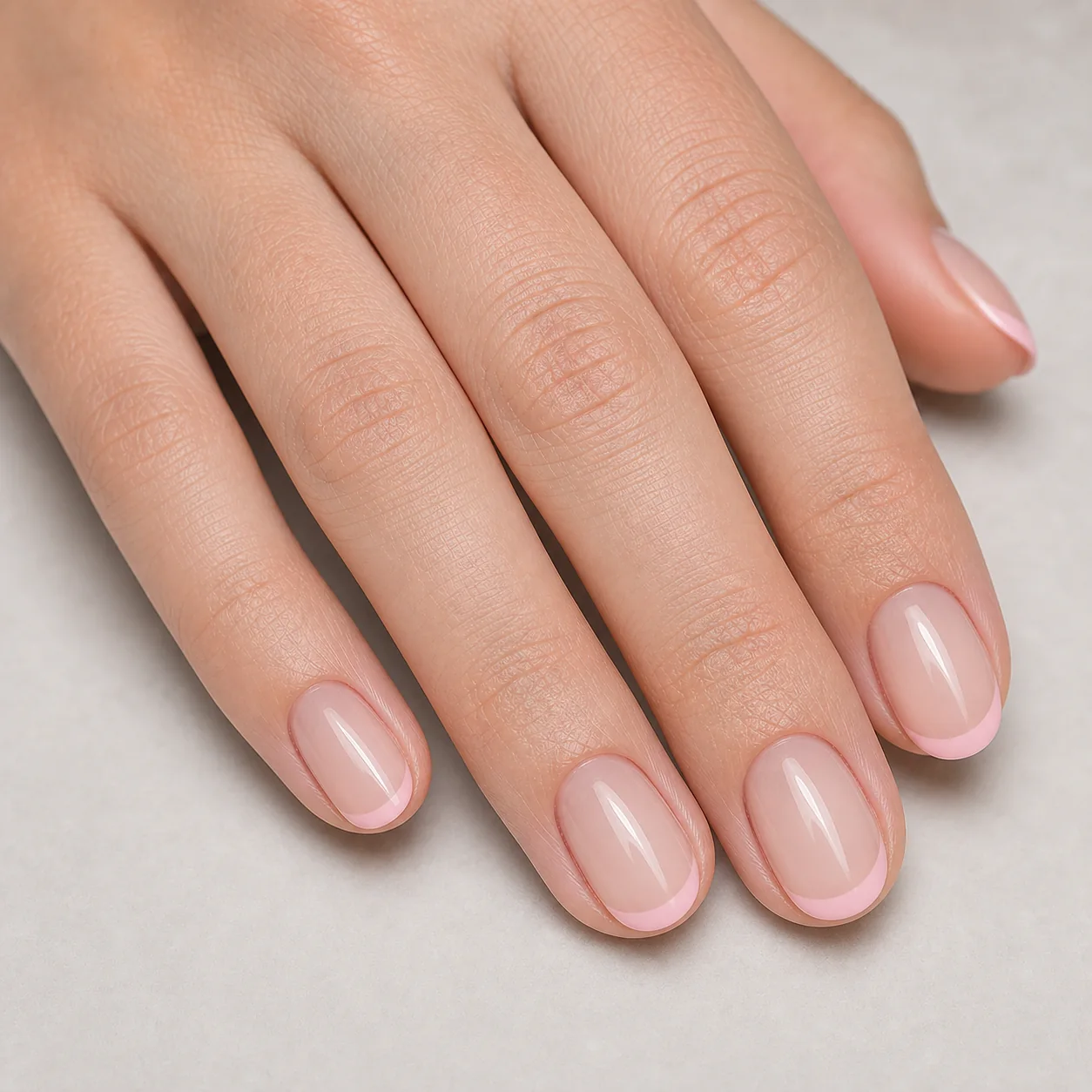 Pink French tip nails with a clean nude base