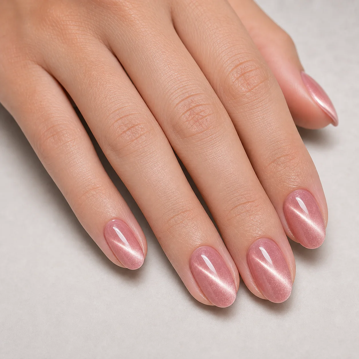 Pink magnetic cat eye nails with glossy shimmer