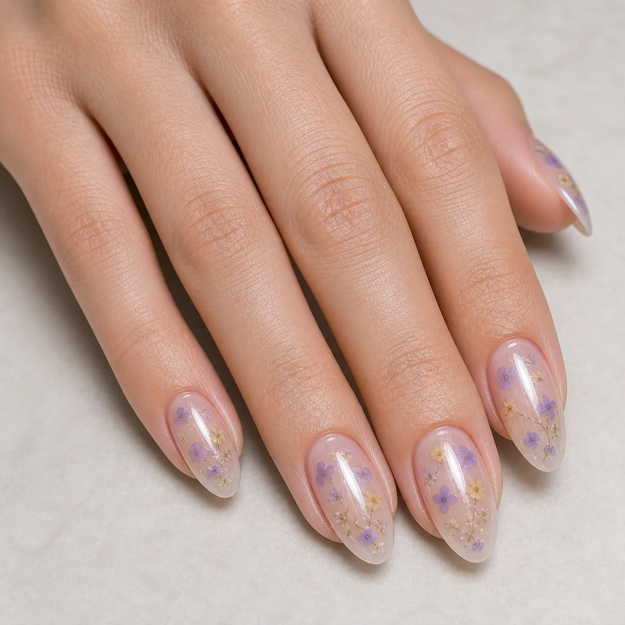 Pressed flower jelly nails with translucent pastel petals