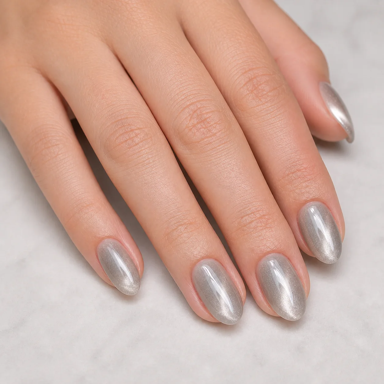 Silver glass cat eye nails with reflective magnetic shine
