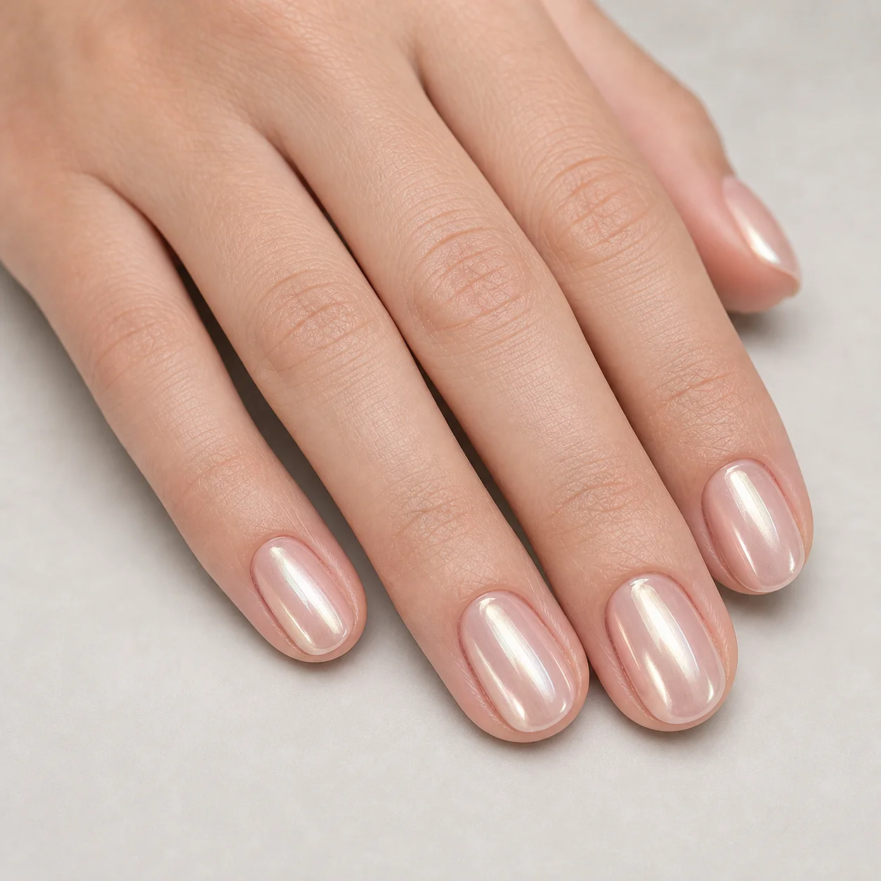 Soft chrome nails with pearl glazed shine